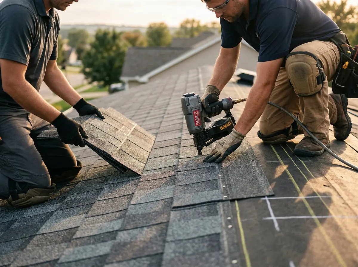 Professional roofer working on a residential roof in Unity